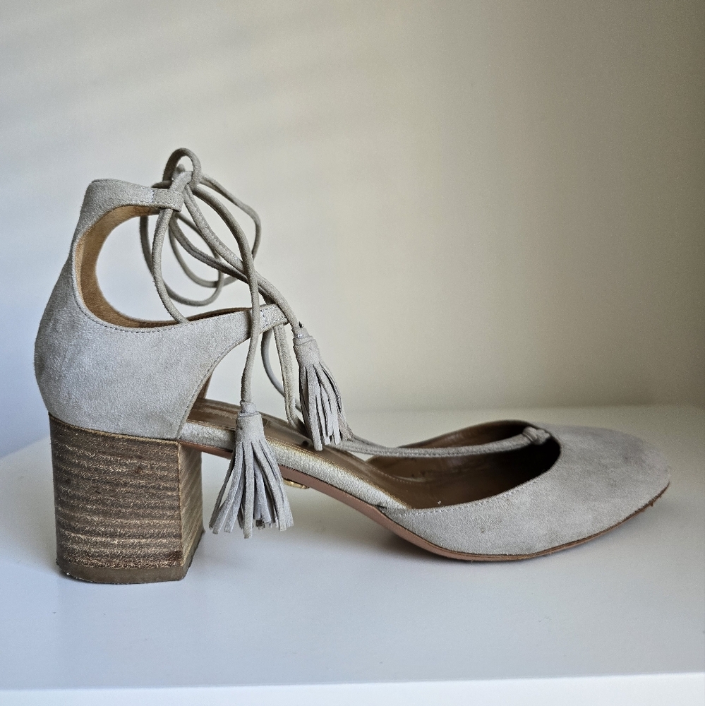 Aquazzura Suede Pumps Size 8.5 Grey Boheme Tassel 50 Lace Up Ankle Tie